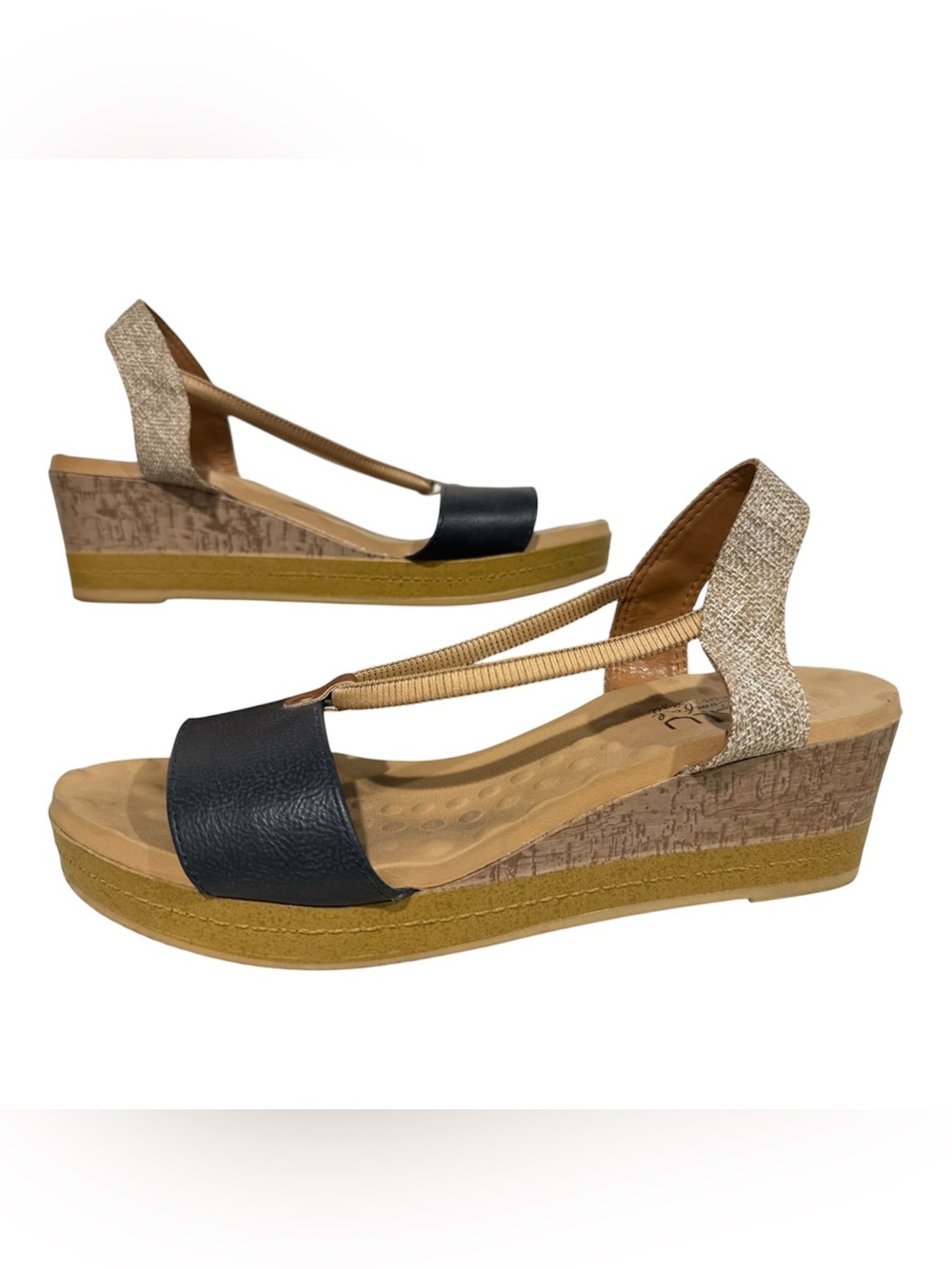 Malu Super Comfort Wedge Sandals Navy Tan US Size 8 Open Toe